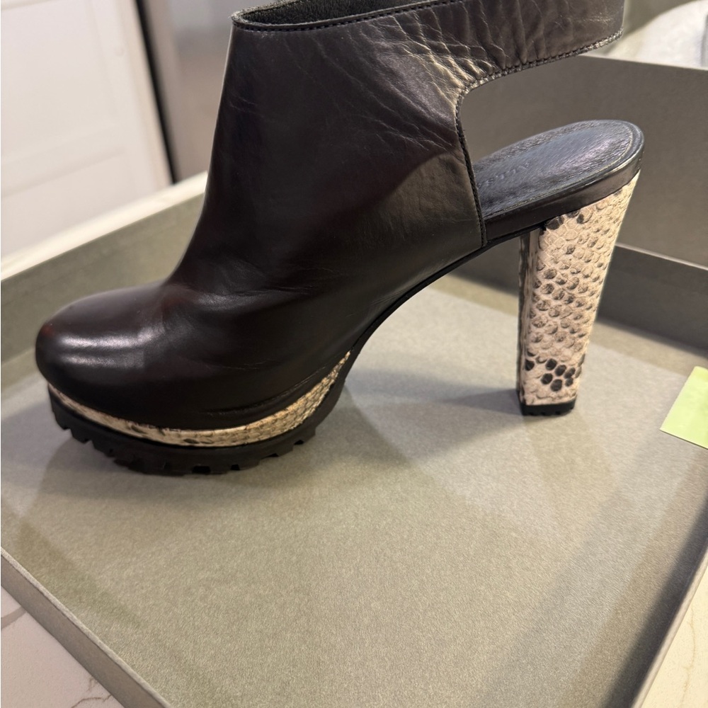 (NEW WITH BOX) All Saints Black Leather Heeled Boots with Snakeskin Accent - Picture 9 of 9